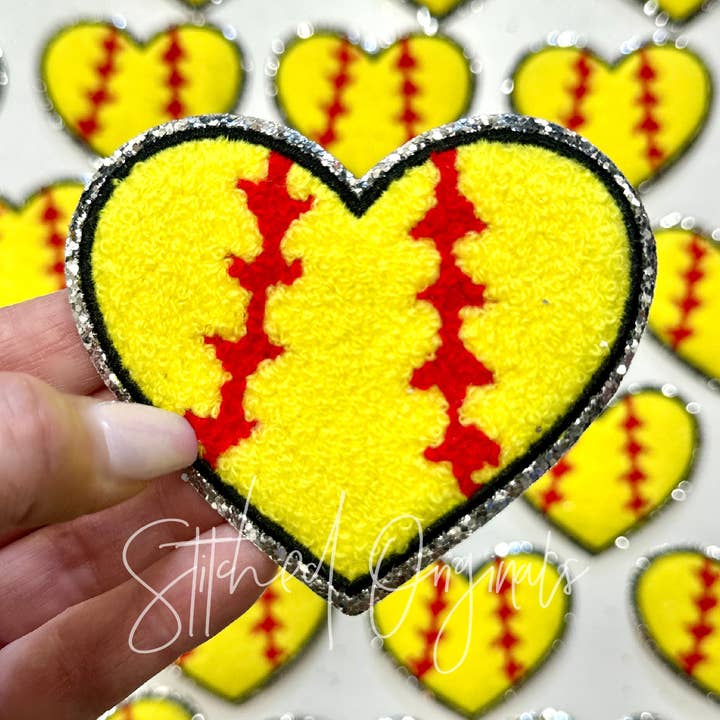 Softball SILVER Glitter Heart Patch, DIY Patch, Softball Iro for wholesale by Stitched Originals