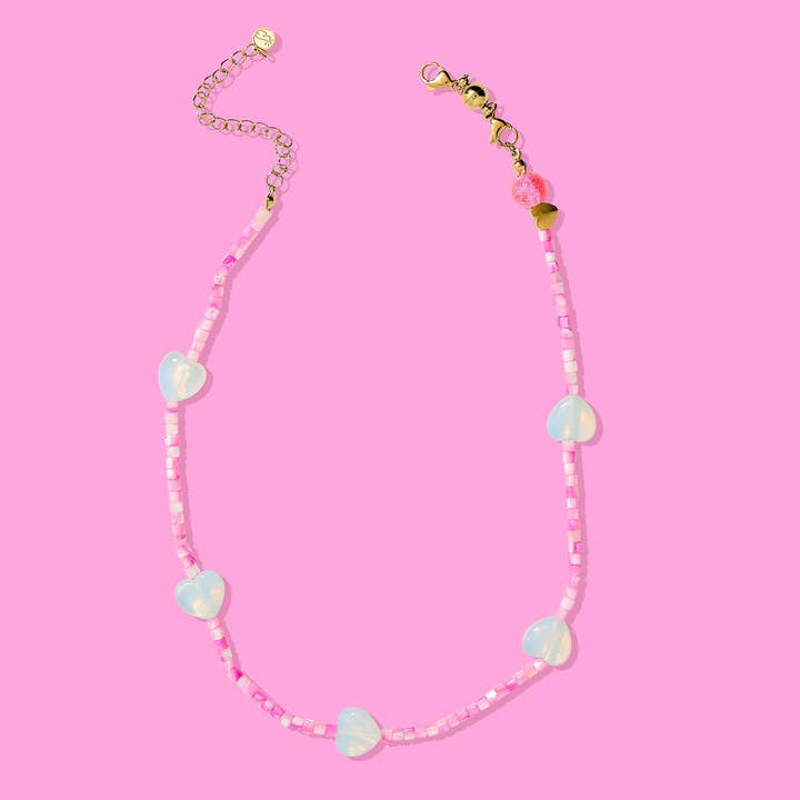 Beaded Necklace - Pink w/ Opalite Hearts - Amore for wholesale by Taylor Elliott Designs