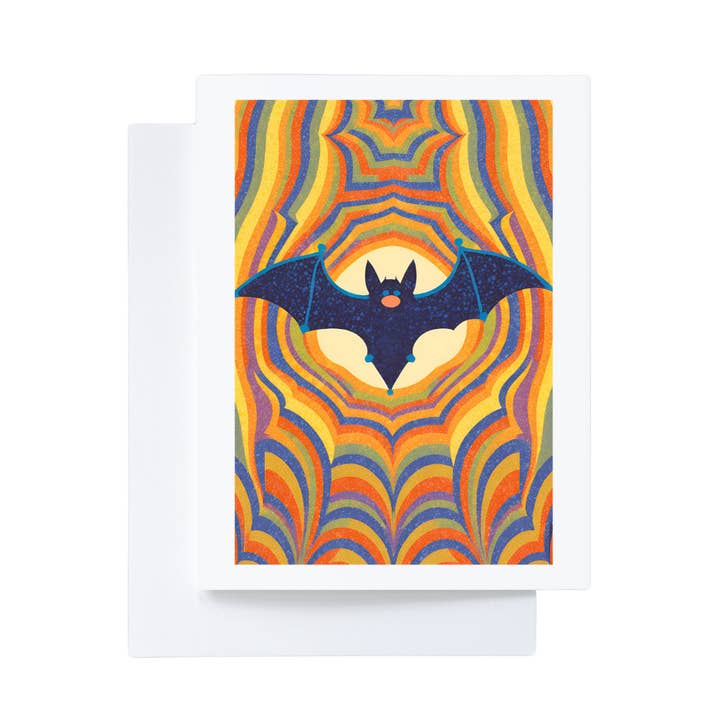 Psychedelische Kaleidoscoop Vleermuis Kleurrijke Halloween Kaart voor wholesale door Cryptic Paper Co.