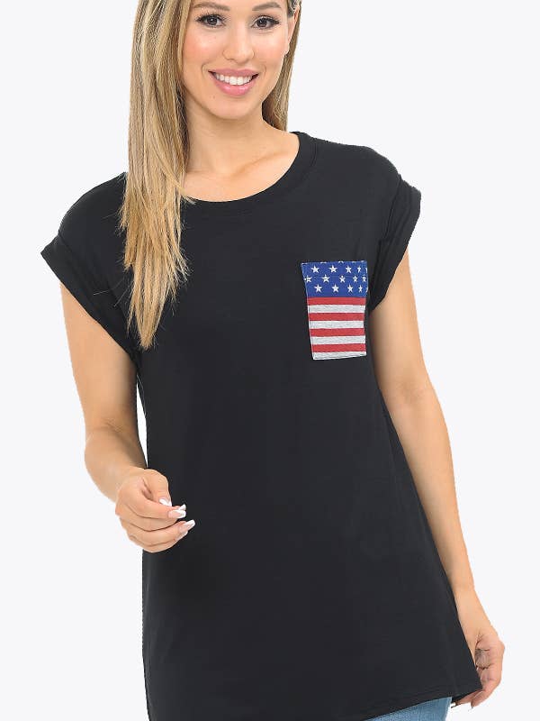 ROLL UP SLEEVE TOP WITH FLAG POCKETS for wholesale by Burgundy Apparel