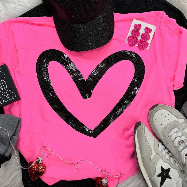 Black Cut-Out Sequin Heart Patch Neon Pink Tee for wholesale by Trendy Tee Co.