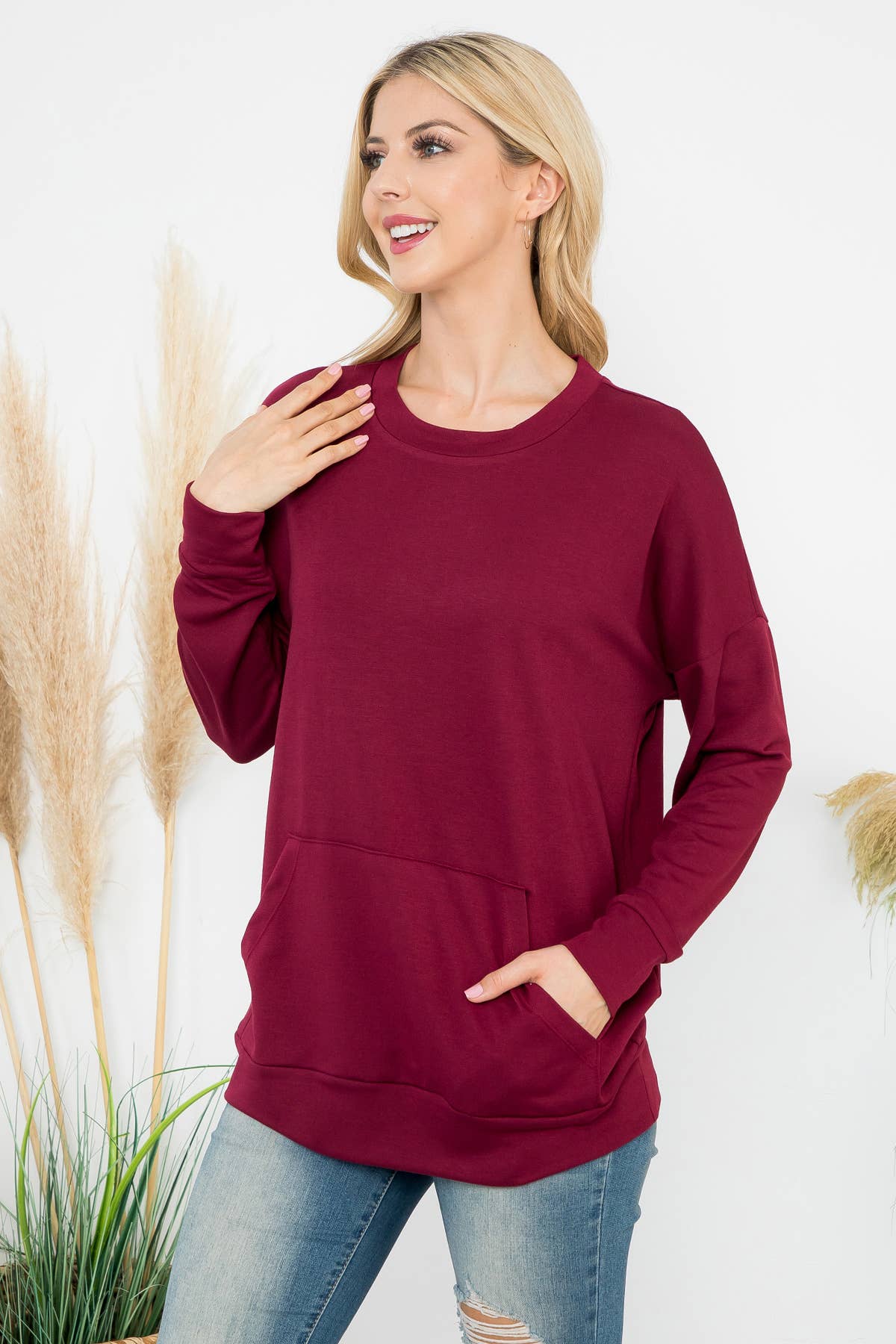 You & Me - Wholesale Tuniek - Dames - YMT20011V-BADSTOF TOP MET LANGE MOUWEN EN KANGOEROEZAK20