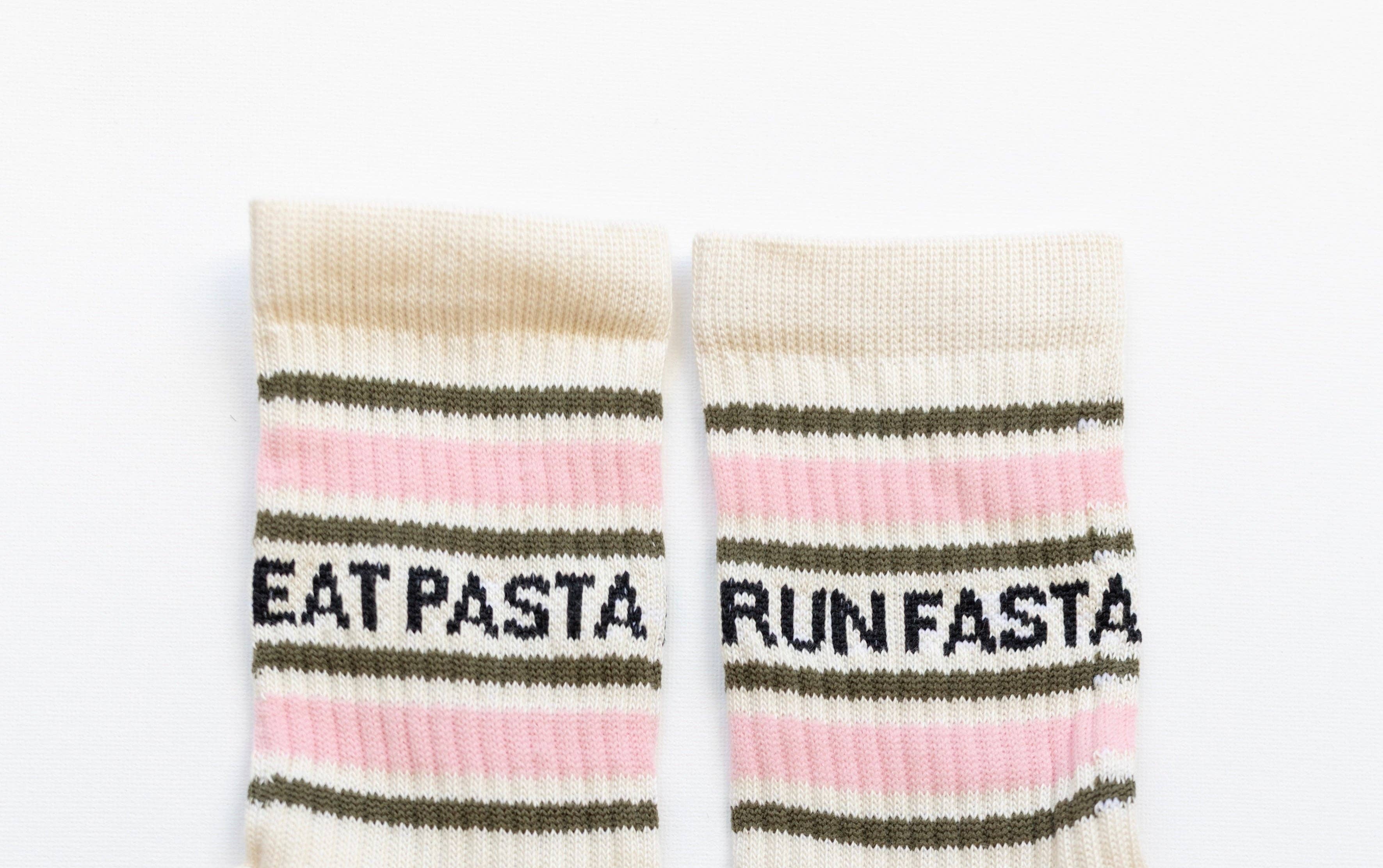 Mardy Bum Active Club – wholesale Socks – Unisex – Eat Pasta Run Fasta: Slogan Sports Socks- Cream, Green and Pink0