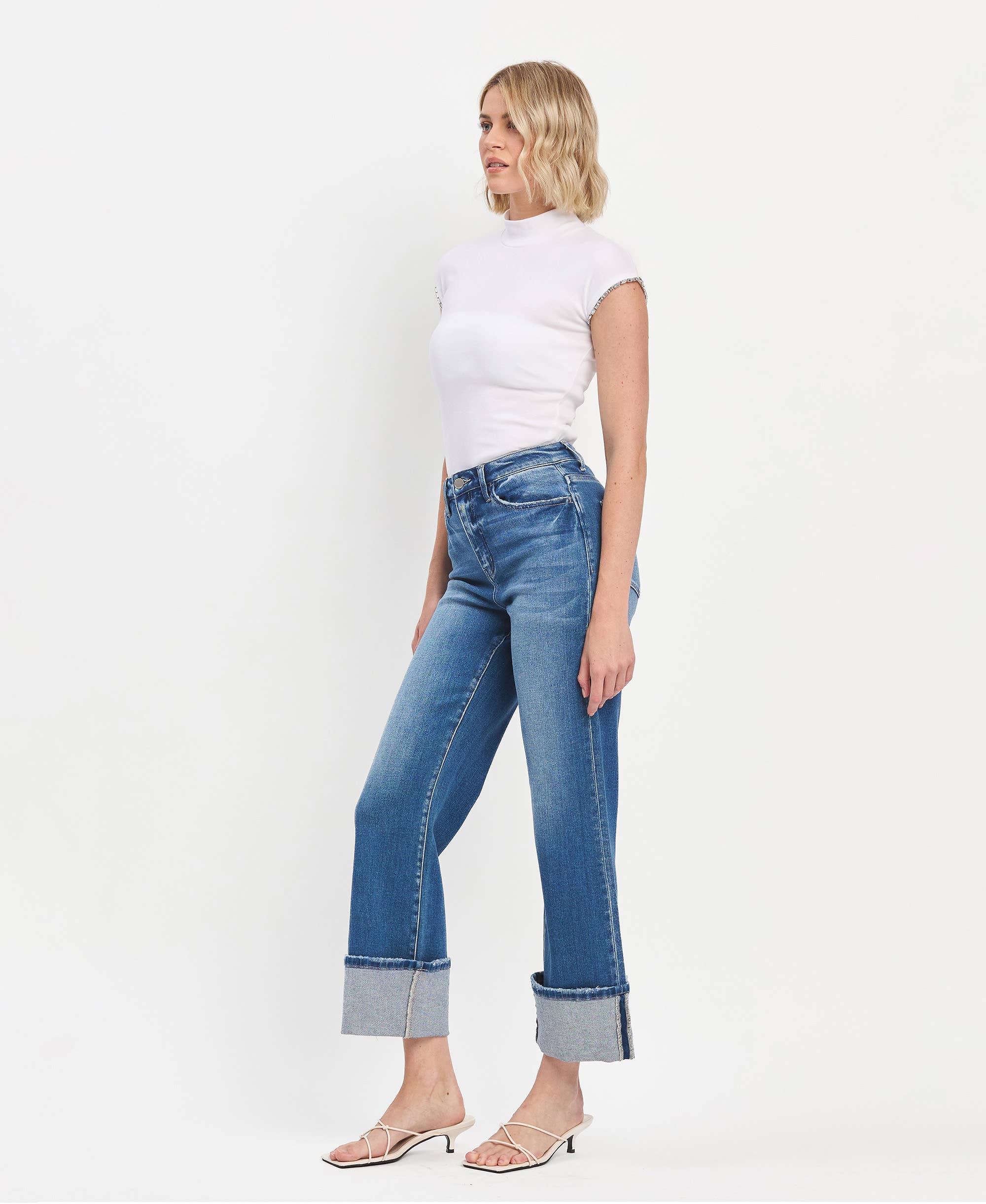 BLUE FAIRY 90'S VINTAGE SUPER HIGH RISE CUFFED FLARE JEANS F5827 for wholesale on Faire10