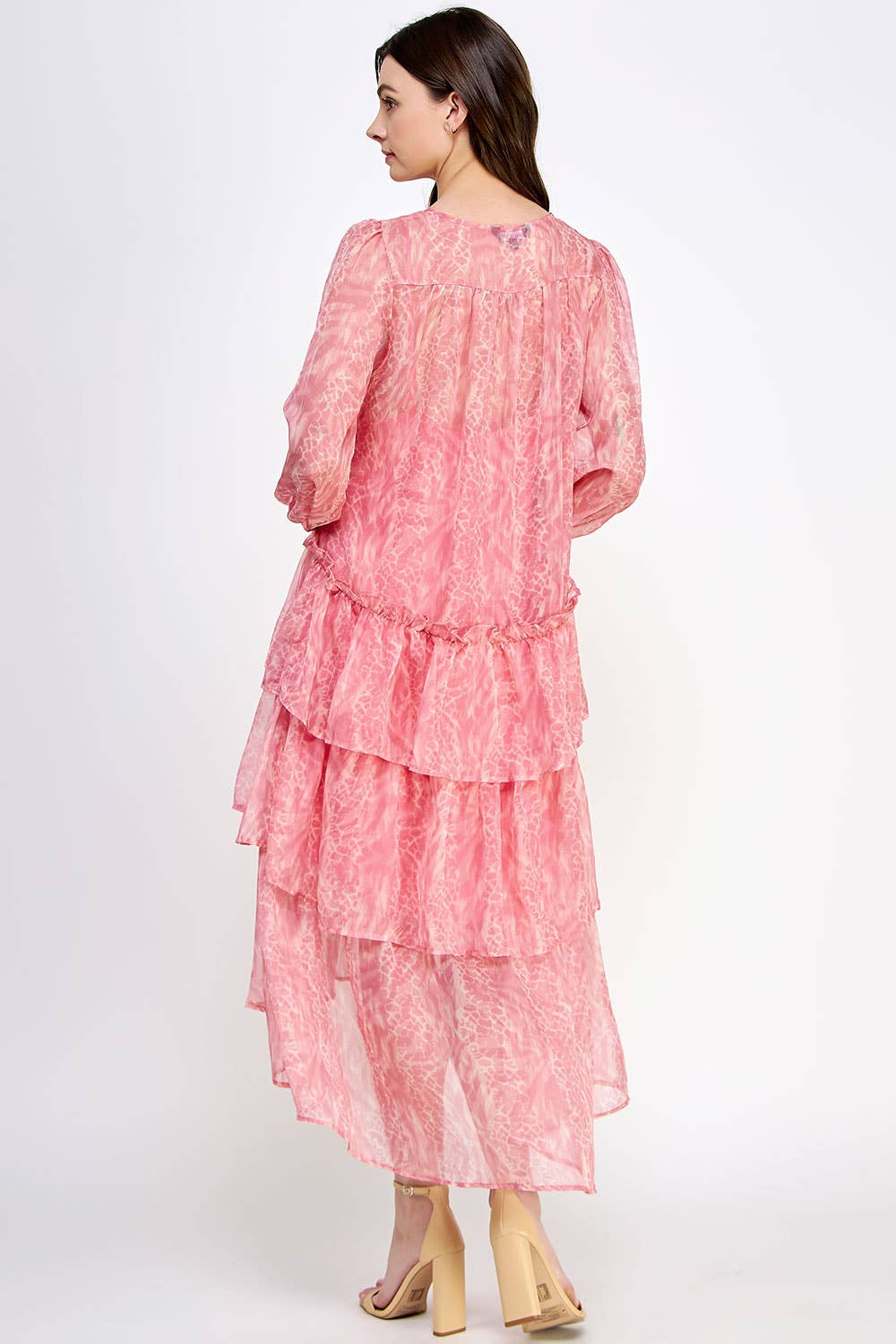 Rosa Vestido midi con estampado de manga larga escalonado de venta al por mayor en Faire5