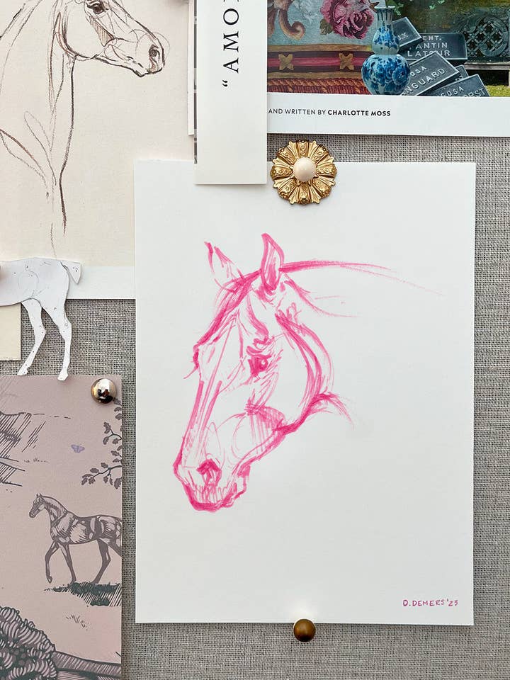Dessin de cheval, « Le cheval rose », impression giclée sur papier pour la vente par Danielle Demers Studio