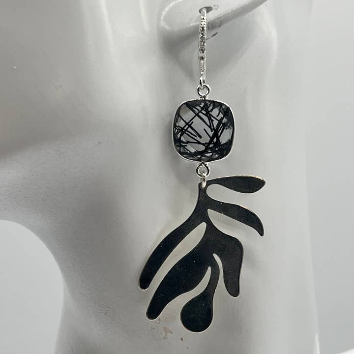 Pendientes de Piedras Preciosas/ Hoja de Ángulo de Plata, Cojín de Rutilo Negro para venta al por mayor de Ritzy Roxx