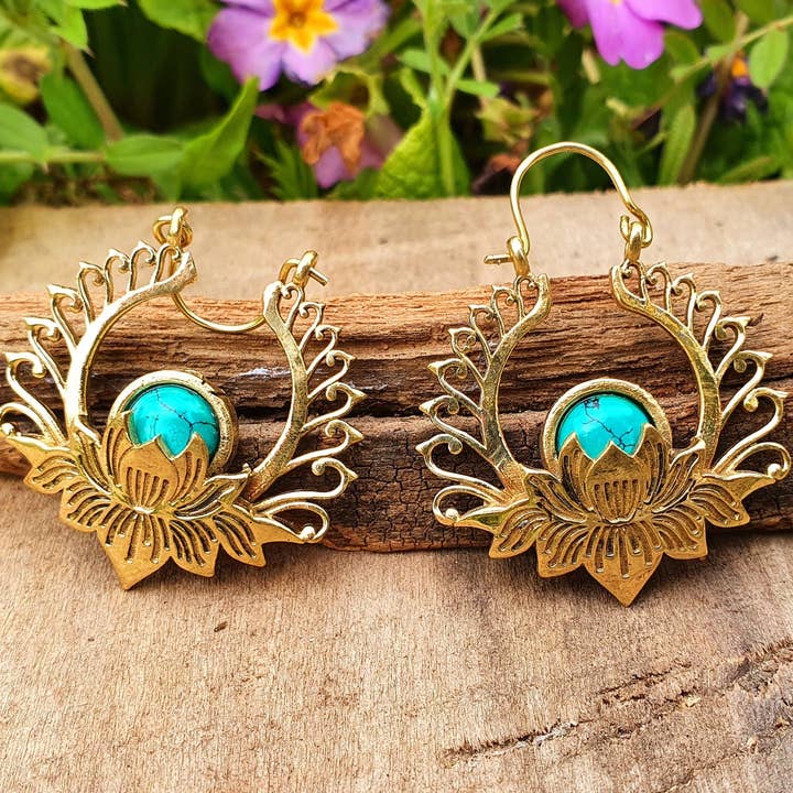 Kaali Boutique - Wholesale Hoop Earrings - Golden Lotus Flower Turquoise Earrings rustic, yoga, hippie, gypsy, pretty, psy, boho, bohemian, festival0
