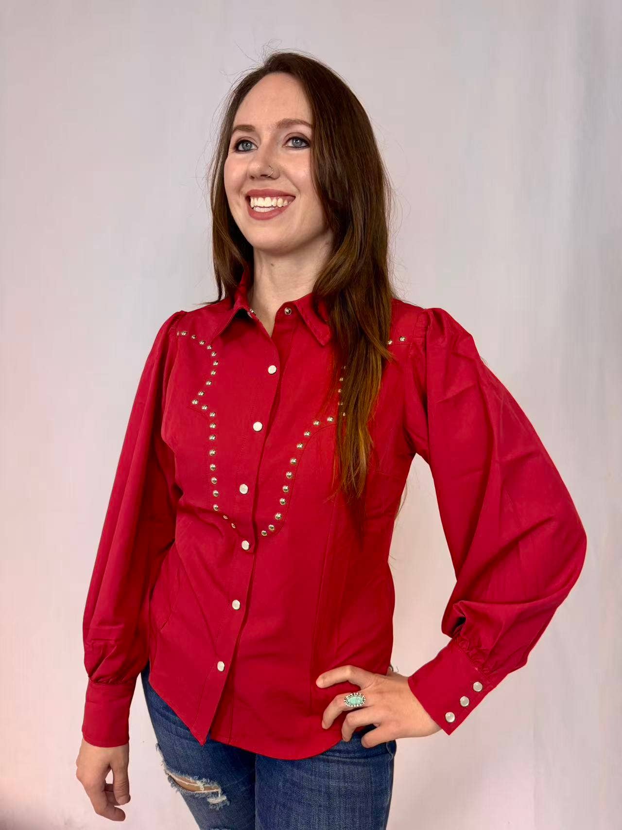 Rouge Chemise à boutons-pression perle Rodeo Queen MK775 en vente sur Faire
