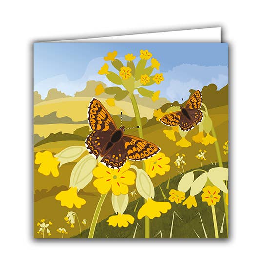 Tomt lykønskningskort „Cowslips and Butterflies“ for engroshandel hos Silver Birch Cards