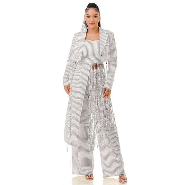 PLUS PINSTRIPE FRINGE POWER SET for wholesale by Black Pearl Clothing