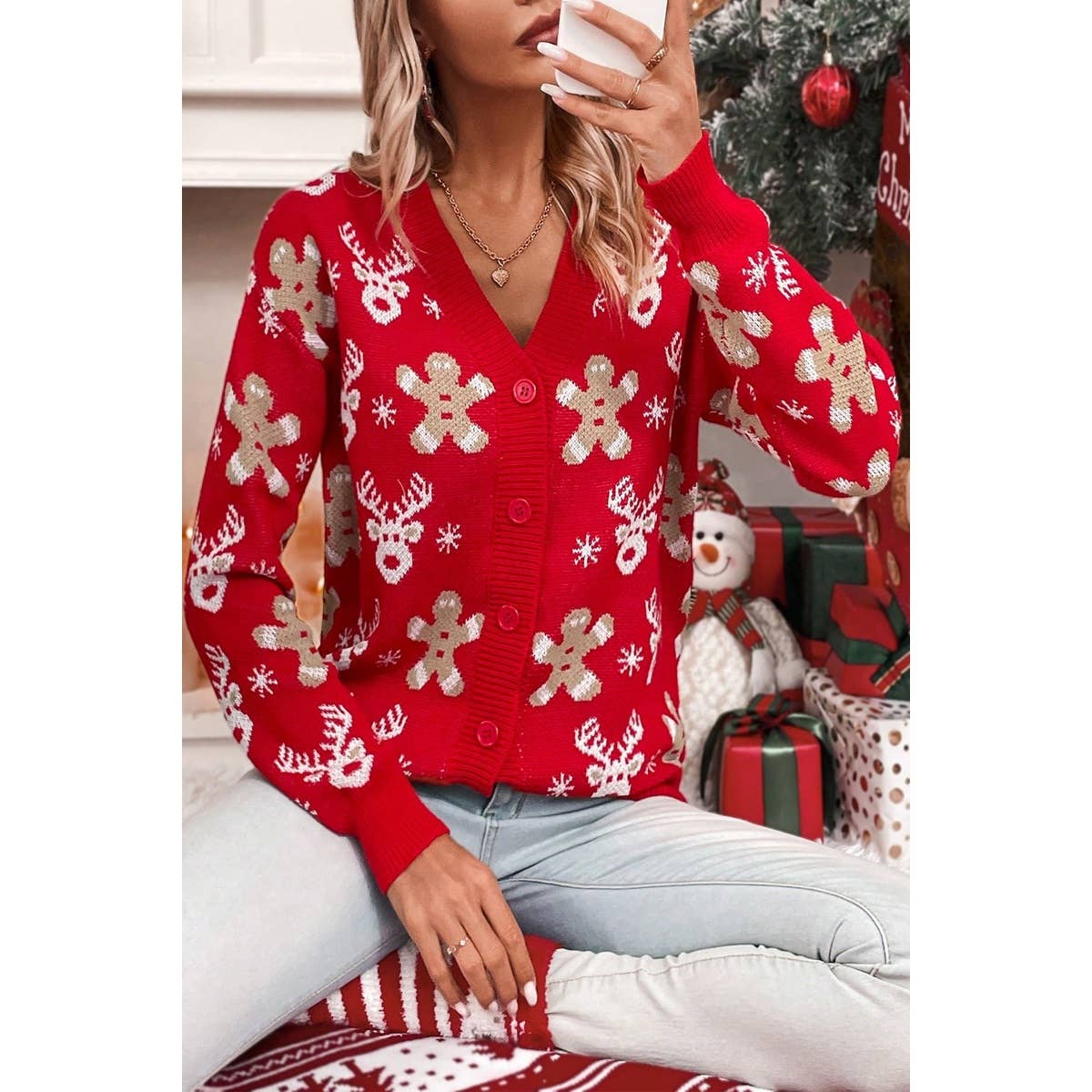 RED Elk Gingerbread Man Snowflake V Neck Cardigan for wholesale on Faire4