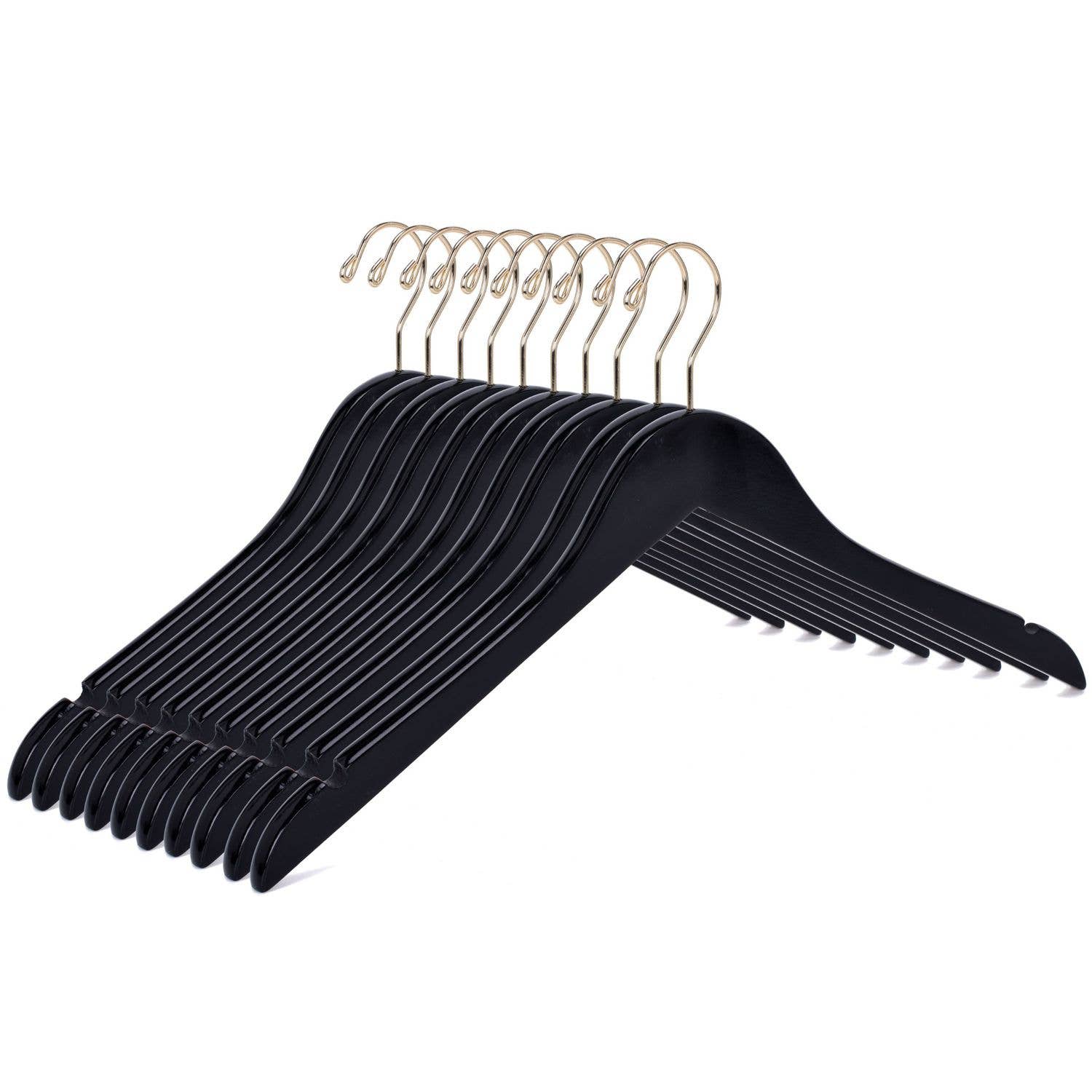 Quality Hangers - Wholesale Clothes Hangers - W071 Semi Curved Wooden Hangers - Black with Gold Hook - 802