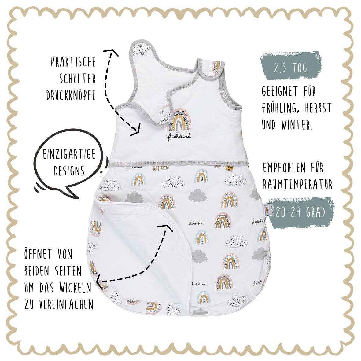 Mama Poppins Germany – Saco de dormir - Bebé por atacado – saco de dormir | com letras “Glückskind”, 70cm4