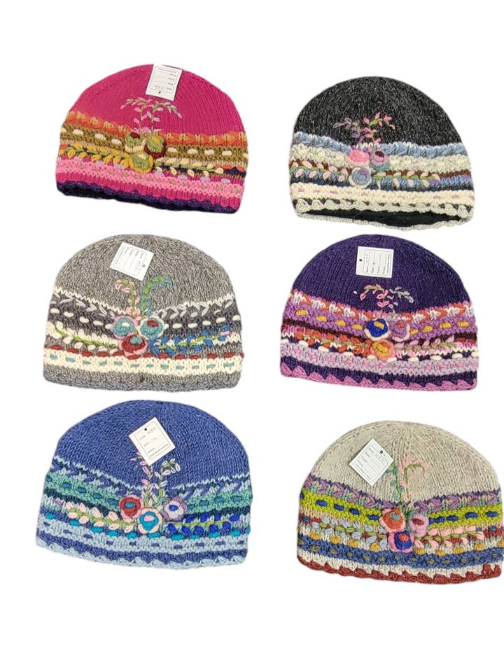 H-22 Wool Knitted Hat with Embroidered Flowers and Stripes for wholesale by Evergreen Guardian Imports