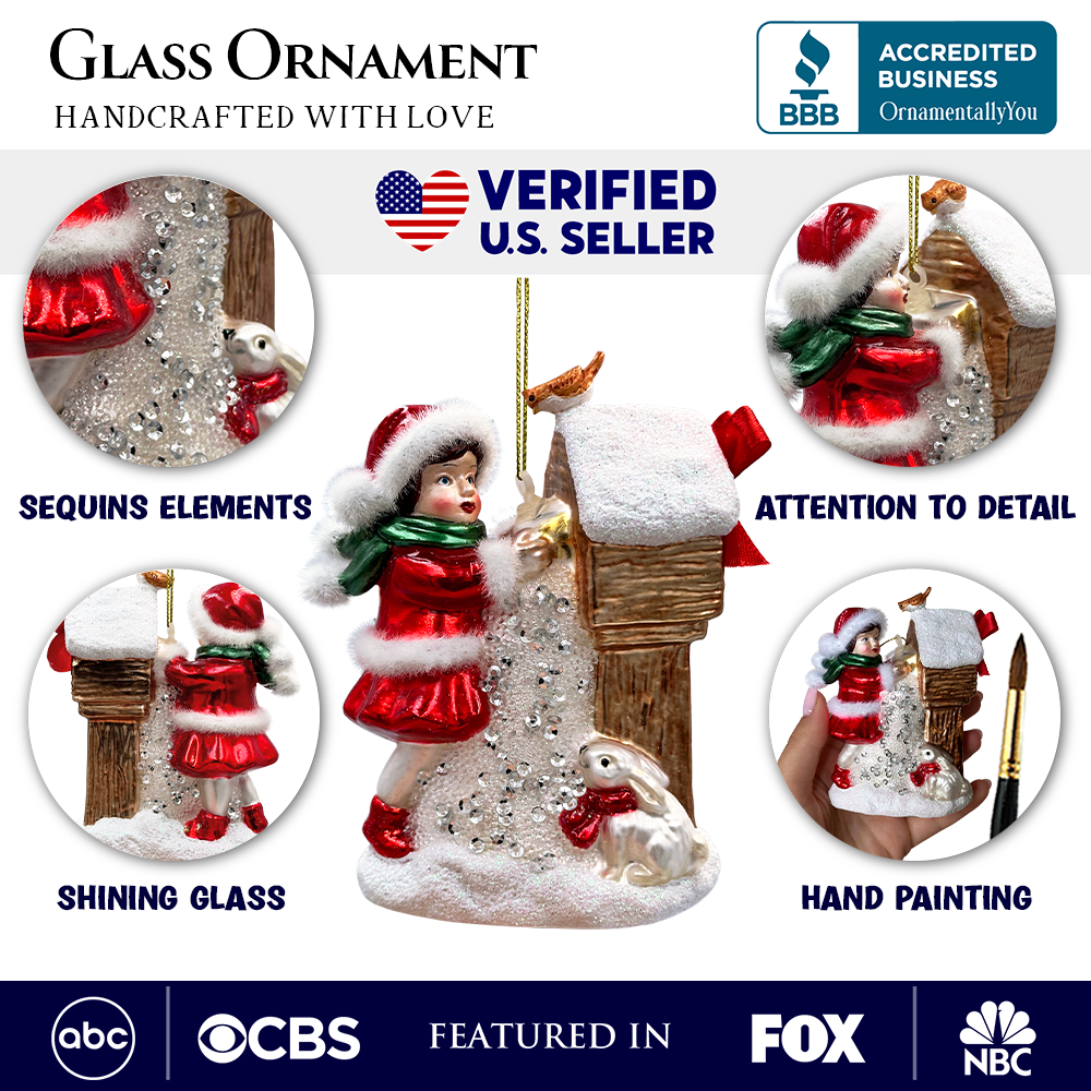 OrnamentallyYou - Wholesale Ornament - Quaint Little Winter Girl Feeding the Birds Glass Christmas Ornament, Cardinal Birdhouse Tree Decor2