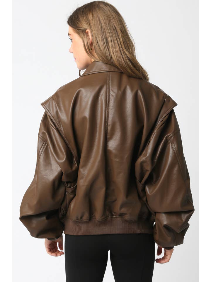 Olivaceous - Wholesale Bomber Jacket - Women's - Kaylee Pu Bomber Jacket7