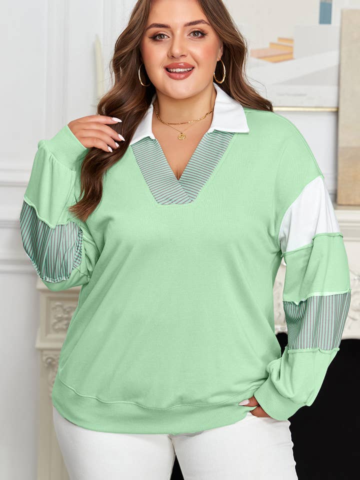 Moonlight Jade Color Block Striped Patchwork Collar V Neck Plus Size Sweatshirt for wholesale on Faire