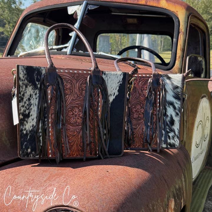 Texas Western Cowhide Bags and More - Wholesale Tote Bag - Women's - Jesse Cowhide and Tooled Leather Fringe Tote computer bag1
