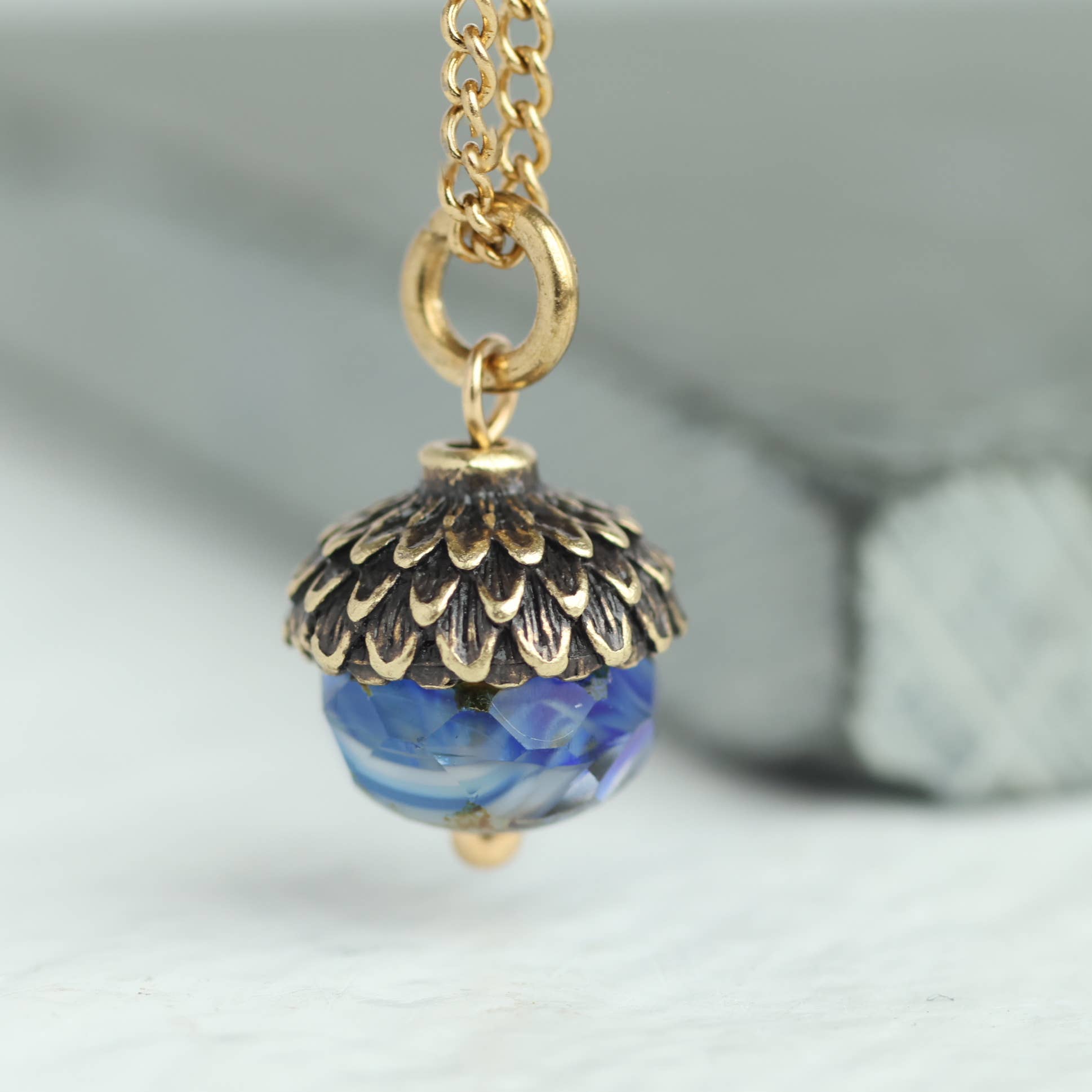 Silk Purse, Sow's Ear – wholesale Pendant/charm necklace – Cobalt Blue Gold Acorn Necklace0