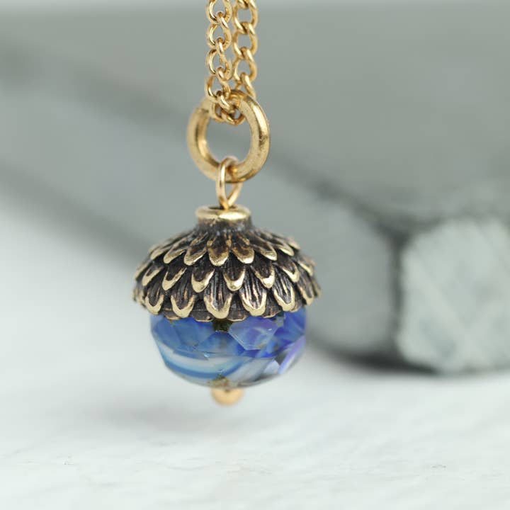 Silk Purse, Sow's Ear – wholesale Pendant/charm necklace – Cobalt Blue Gold Acorn Necklace