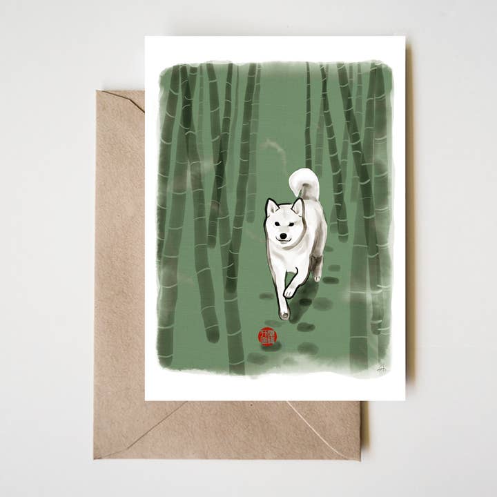 Cartão de saudação Bamboo Forest White Shiba Inu, Sumi tinta Cão por atacado de RICE&INK