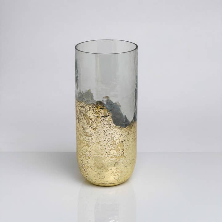 India Handicrafts Inc - Wholesale Hurricane Candle - Gold Foil Dipped Tall & Round Glass Hurricane