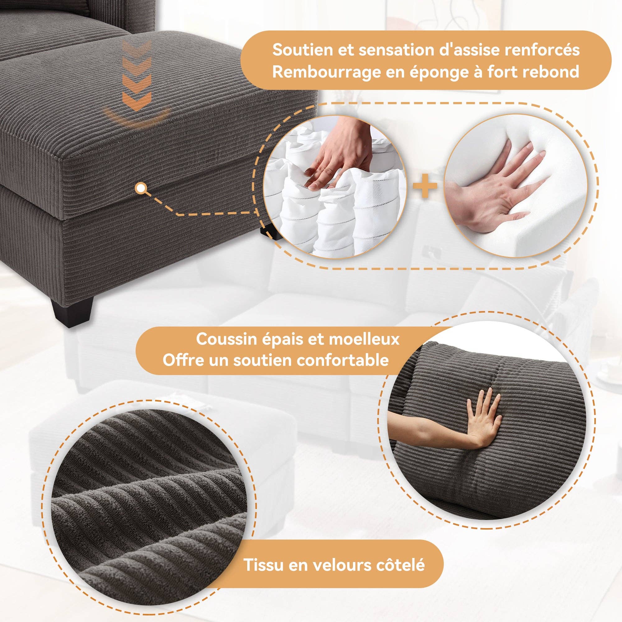 Urban Meuble - Wholesale Bank - Modulaire hoekbank in grijze ribfluweel, 3-4 zitplaatsen met afneembare poef, USB-poorten en bekerhouders GEYSERFOUNT12