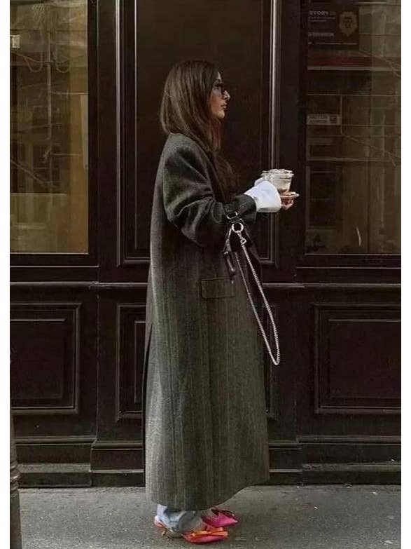 Black Pinstripe Long Woolen Coat - Elegant and Minimalist for wholesale on Faire