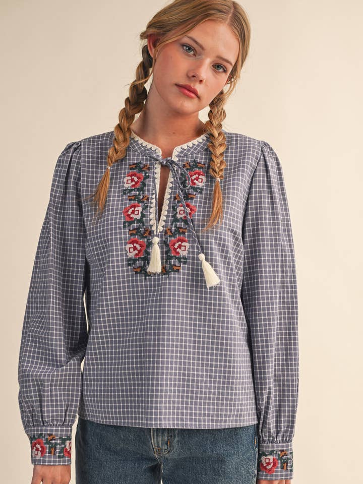 &MERCI - Wholesale Blouse - Women's - FLORAL CROSS STITCH EMBROIDERED CHECKERED TOP MTP41470