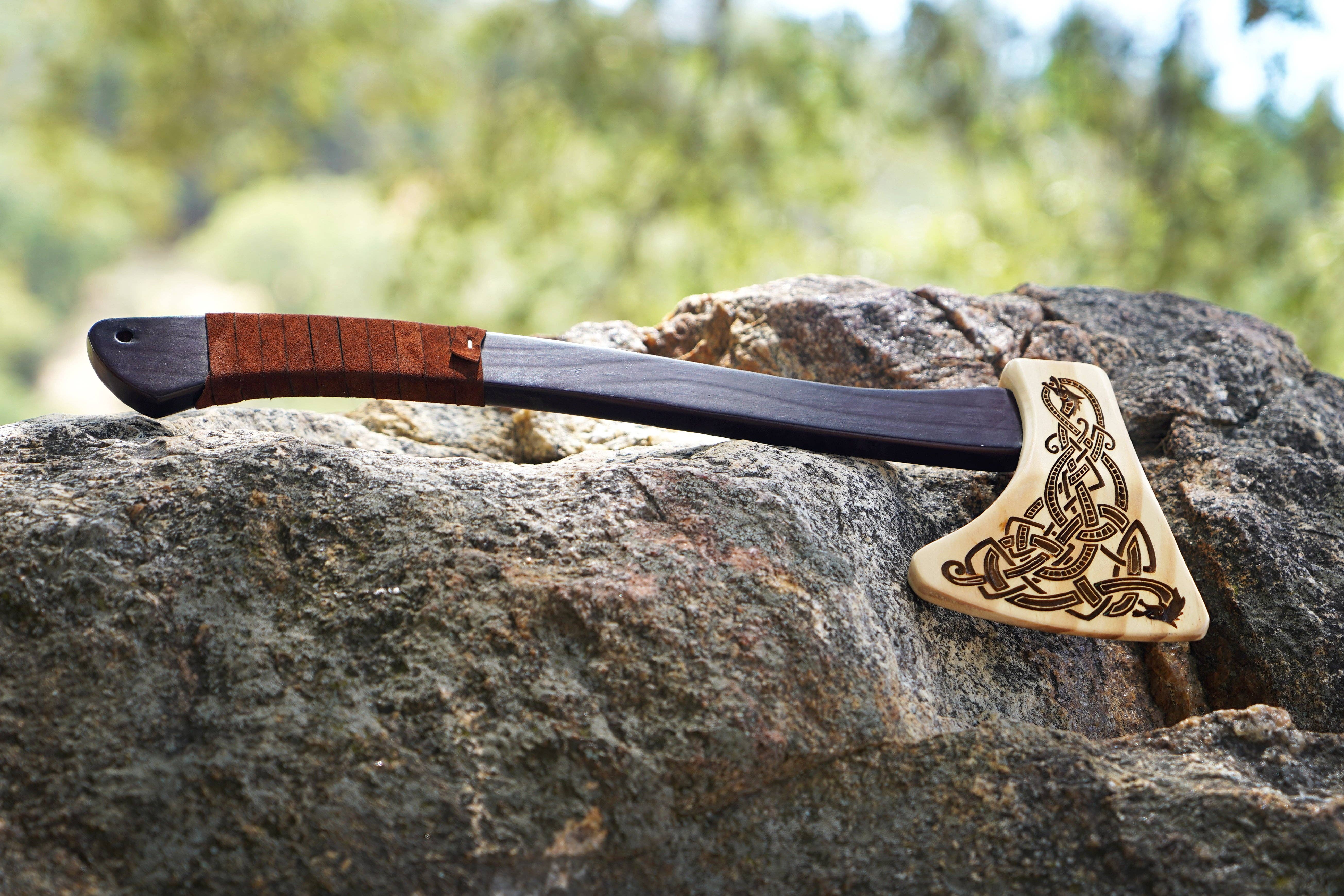 Backwoods Provisions - Wholesale Wood Toy - Kids - Wooden Play Axe with Norse Motif Engraving and Leather Wrap