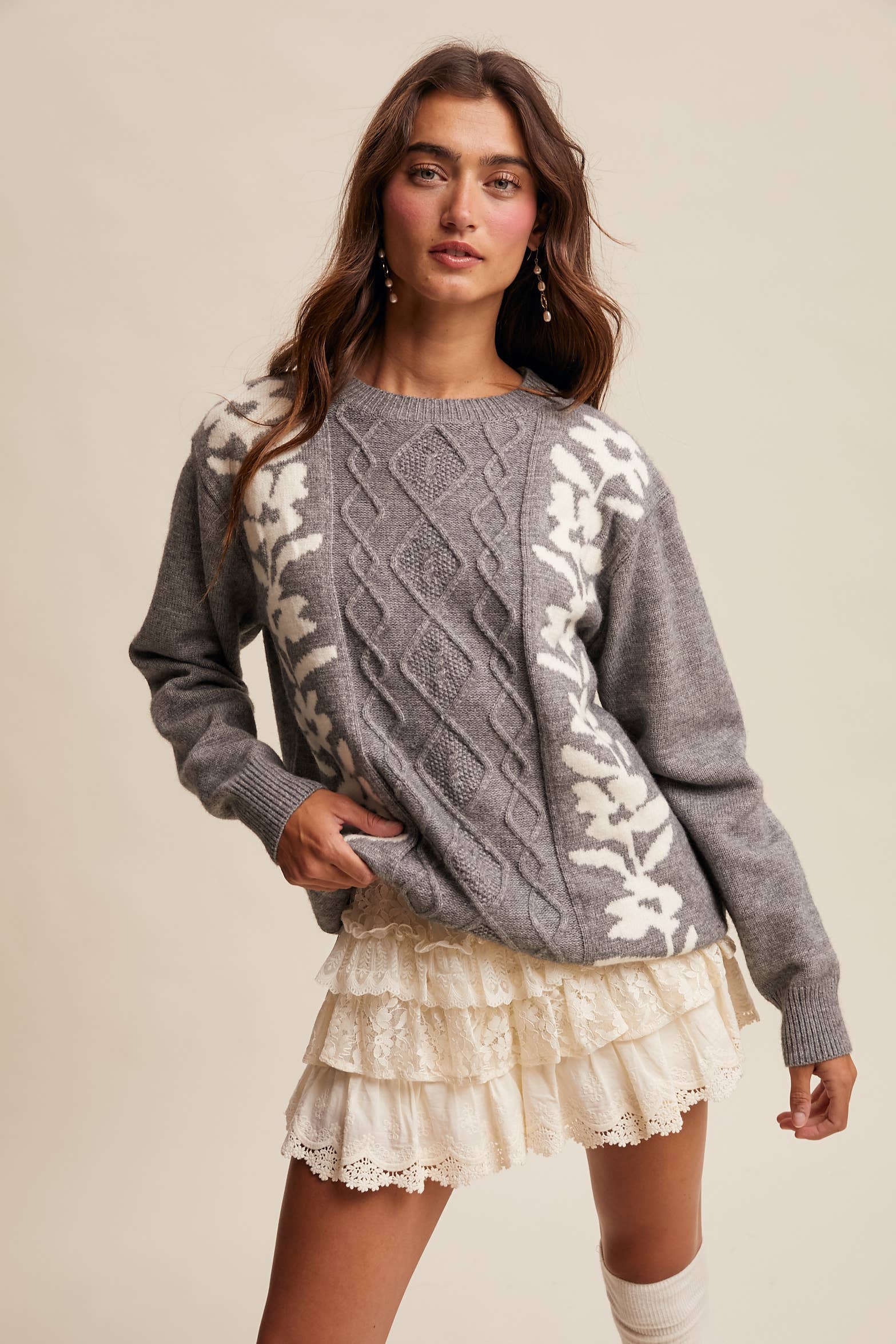 Listicle - Wholesale Knit Sweater - Women's - Floral Panel Cable Knit Sweater (LSW0880)31