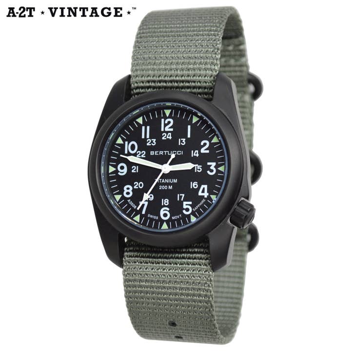 #12028 A-2T Vintage, Sort urskive m/ Defender Drab nylonrem for engroshandel hos Bertucci