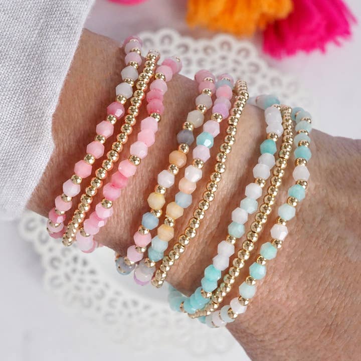 PennyLine inc - Wholesale Beaded Bracelet - Small Gold tone and Glass beads bracelet stack of 3 bracelets - Pink Mint Multi1