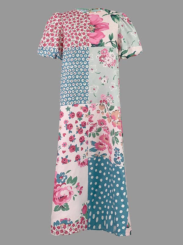 BLEU ROUGE Robes mi-longues amples à col rond à pois et imprimé fleuri en vente sur Faire3