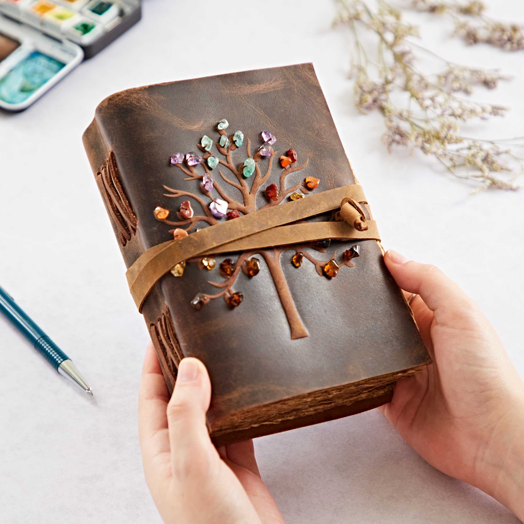 The Paper High Gift Company Limited - Vente Journal intime - Journal en cuir de buffle « Arbre de Vie » avec pierres semi-précieuses2