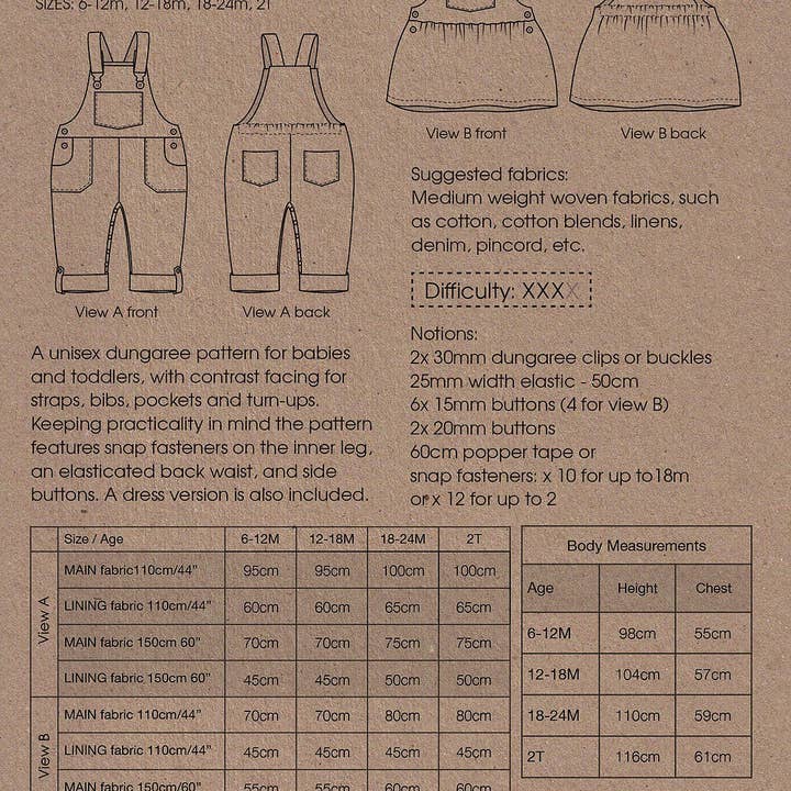 Two Stitches Patterns – wholesale Craft sewing kit – Frankie Dungarees & Dress Sewing Pattern for Childrenswear