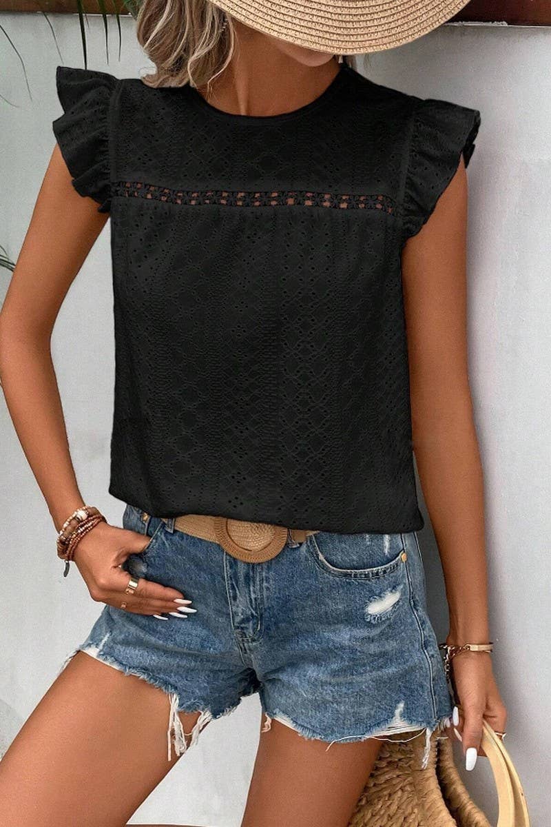 NINEXIS - Wholesale Blouse - Women's - CWTBLS0605_ ROUND NECK LACE RUFFLE SHORT SLEEVE BLOUSE TOP11