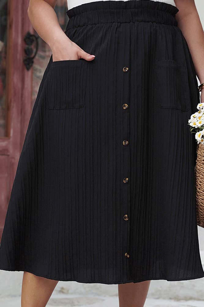 Svart Svart texturerad knäppt elastisk midja plus storlek kjol CN024 för wholesale på Faire0