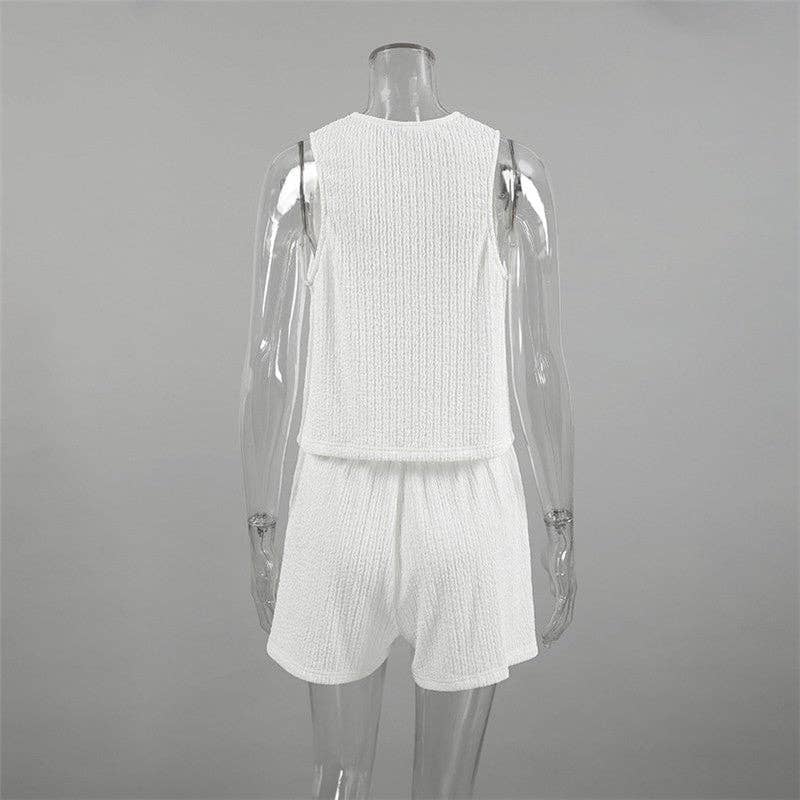WHITE Bubble Texture Sleeveless Tie Waist Vest Hotpants Set for wholesale on Faire5