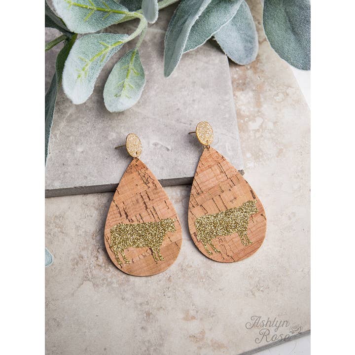 Brown Circle Stud Cork Teardrop Earrings with Gold Glitter Steer , Copper for wholesale on Faire
