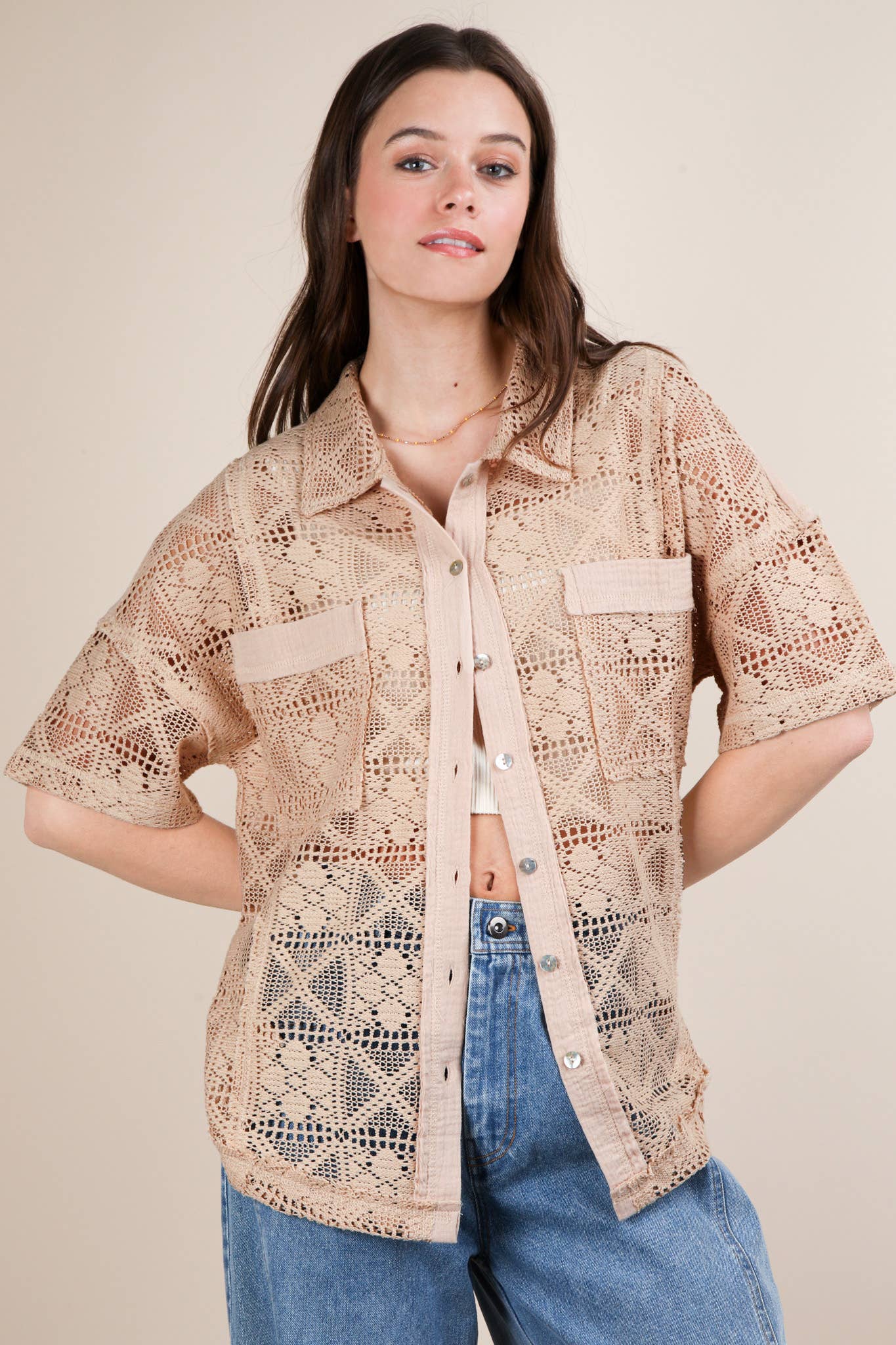 VERY J - Wholesale Jacket - Women's - NT12083-Oversized Crochet Button Down Shirt Top1