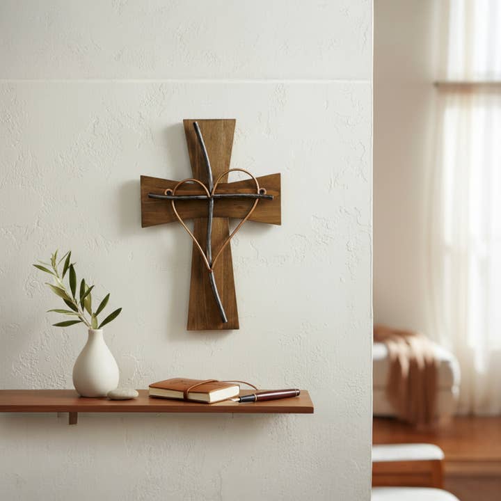 Wood & Metal Heart on Layered Cross Hanging Wall Cross for wholesale by De Leon Collections