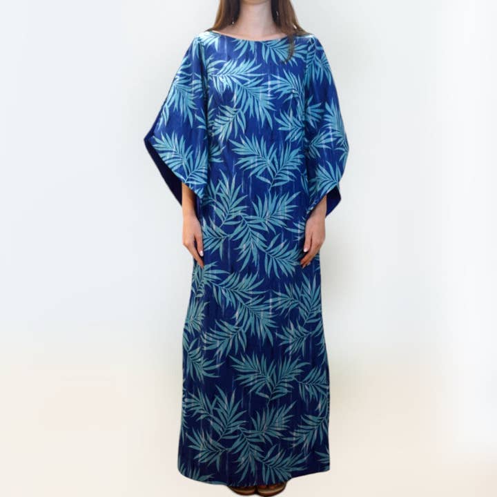 Kimono Sleeve Hawaiian Dress With Slit Design - Blue Palm Leaf 2656 for wholesale by Muumuu Rainbow / DBA Princess Kaiulani Fashions