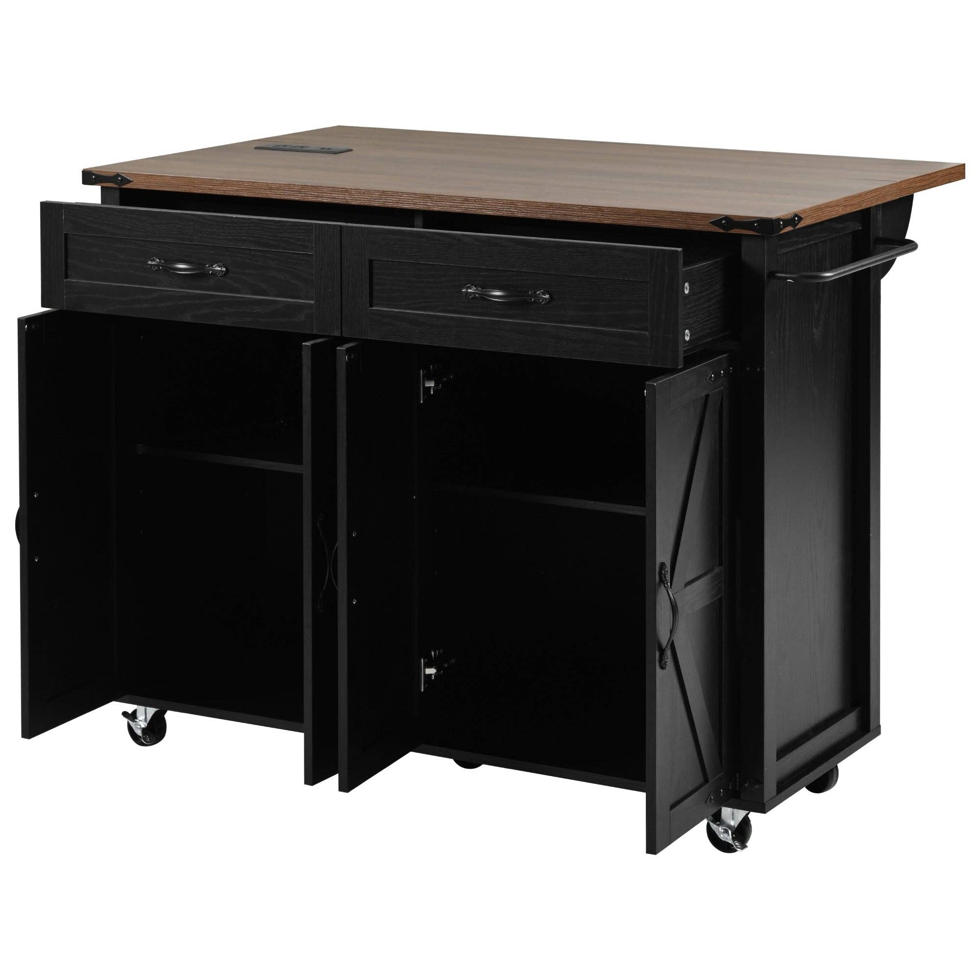 Orange County Decor - Wholesale Kitchen Storage/Organizer - K&K 53.5''Farmhouse Kitchen Island With Power Outlet, Kitchen Storage Island With Drop Leaf, Spice Rack And Drawer, Rolling Kitchen Cart On Wheels, For Home, Kitchen And Dining Room, Black Black26