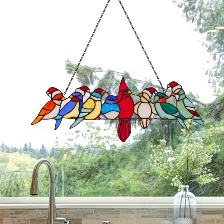 23.25"W Santa Birds on a Wire Stained Glass Window Panel for wholesale by River of Goods