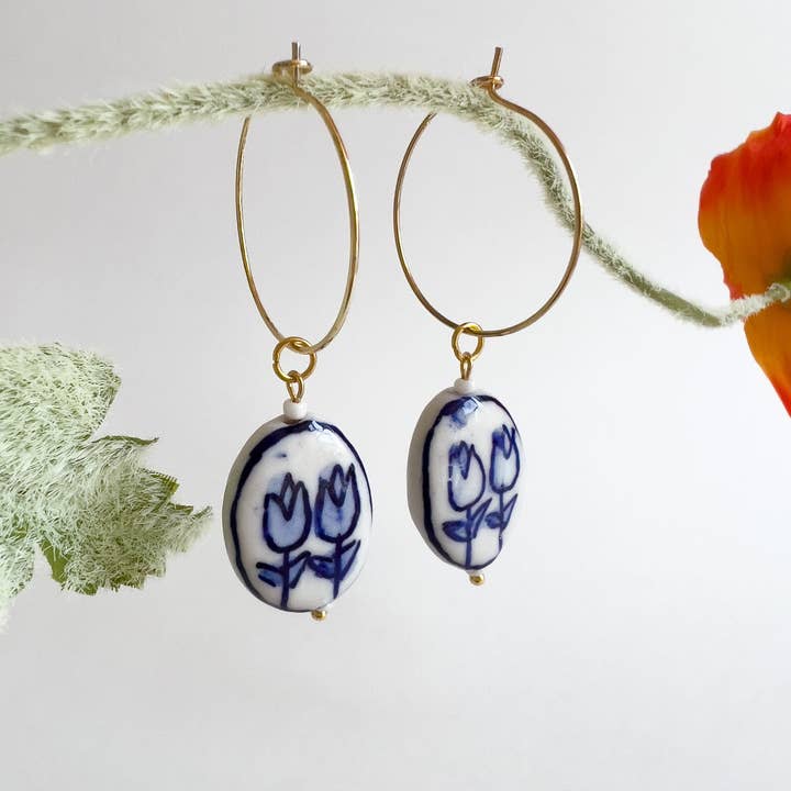 Yellow Dots Studio - Wholesale Dangle Earrings - Blue Tulips Hoop Earrings | Ceramic Earrings
