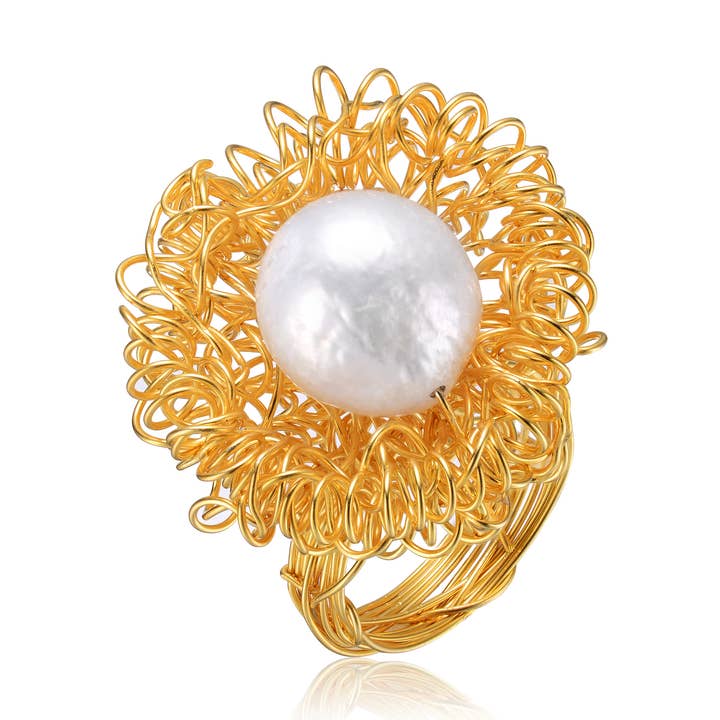 Anello in argento Sterling placcato oro con perle ispirate alla natura per la vendita all'ingrosso da parte di Genevive