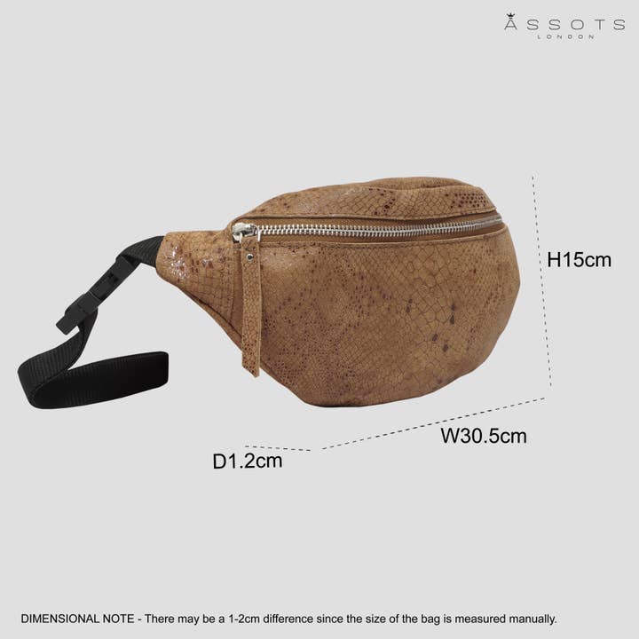 Assots London - Wholesale Belt Bag - Women's - 'NOAH' Tan Snake Leather Bum Belt Bag3