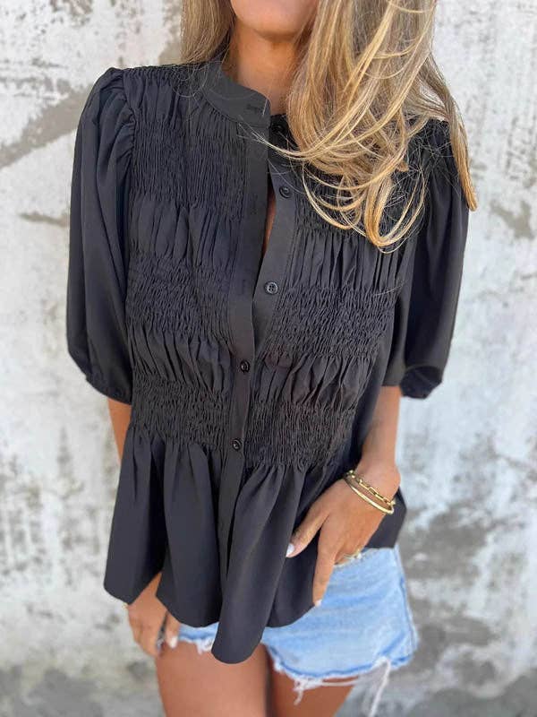 Sheer Trend – Großhandel Bluse – Damen – Lockere Übergröße Elastizität Falten Einfarbige Rundhals Blusen & Hemden Oberteile1